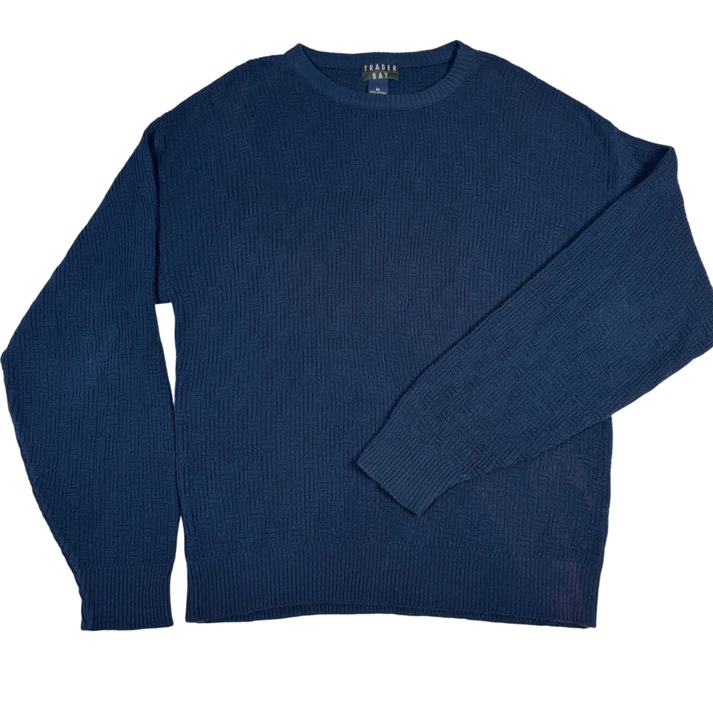 VTG Trader Bay Men M Texture Pattern Knit‎ Crew Neck Sweater Blue Cotton USA 90s